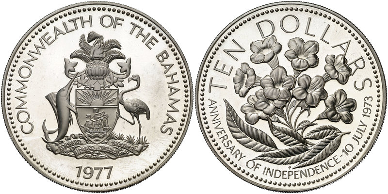 1977. Bahamas. 10 dólares. (Kr. 76a). 49,60 g. AG. Aniversario de la Independenc...