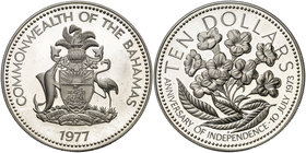 1977. Bahamas. 10 dólares. (Kr. 76a). 49,60 g. AG. Aniversario de la Independencia. (Proof).