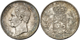 1851. Bélgica. Leopoldo I. 5 francos. (Kr. 17). 24,86 g. AG. EBC-.