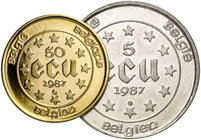 1987. Bélgica. 5 y 50 ecu. (Kr. 166 y 167). AG - 22,72 g. AU - 17,28 g. 30 Aniversario - Tratado de Roma. Lote de 2 monedas. S/C.
