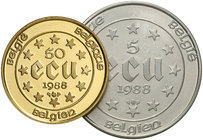 1988. Bélgica. 5 y 50 ecu. (Kr. 166 y 167). AG - 22,89 g. AU - 17,21 g. 30 Aniversario - Tratado de Roma. Letras qp en anverso. Lote de 2 monedas. S/C...