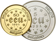 1991. Bélgica. 5 y 50 ecu. (Kr. 183 y 184) (Fr. 434). AG - 22,94 g. AU - 15,58 g. Busto de Carlomagno. Lote de 2 monedas. S/C.