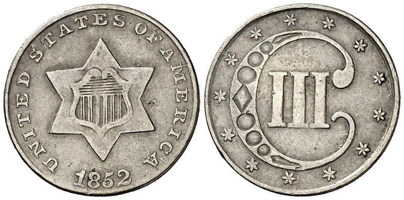 1852. Estados Unidos. Filadelfia. 3 centavos. (Kr. 75). 0,80 g. AG. Escasa. MBC/...
