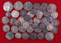 Lote de 43 monedas romanas: 4 denarios, 19 antoninianos, 19 bronces variados y 1 tetradracma de Tasos de las tribus celtas del Danubio. A examinar. RC...