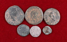 Lote formado por 3 ases hispano-romanos, 1 semis de Cartagonova y 1 ¿sextante? de Arse (Sagunt), incluye 1 denario de Bolscan. Total 6 monedas. A exam...
