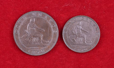 1870. Gobierno Provisional. Barcelona. OM. 5 y 10 céntimos. Lote de 2 monedas. A examinar. MBC-/MBC+.