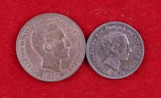 1877-1879. Alfonso XII. 5 y 10 céntimos. Lote de 2 monedas. A examinar. MBC-/MBC.