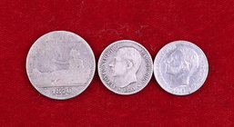 1870*----, 1881*81 y 1885/1*86. Alfonso XII. 50 ( dos) céntimos y 1 peseta. Lote de 3 monedas, una limpiada. RC/MBC+.