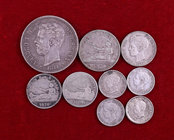 1869 a 1926. 50 céntimos (cuatro), 1 (tres), 2 y 5 pesetas. Lote de 9 monedas, todas diferentes salvo una. A examinar. BC-/MBC+.