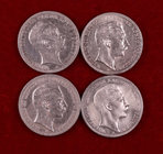 1908 a 1912. Alemania. Prusia. Guillermo II. A (Berlín). 3 marcos. AG. Lote de 4 monedas distintas. MBC-/MBC+.