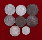 1823 a 1883. Argentina. 1 décimo, 10, 20 (cuatro) centavos y 1 (dos) real. Lote de 8 monedas. A examinar. MBC/EBC+.