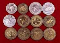 1980. China. 1 (ocho) yuan en latón, 20 y 30 (tres) yuan en plata. Lote de 12 monedas de temática olímpica, las de latón sucias. (Proof).