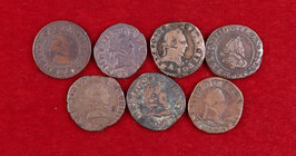 (finales s. XVI). Francia. A nombre de Enrique III. Doble tornés. Lote de 7 monedas distintas. BC/BC+.