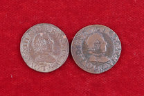 1623 y 1627. Francia. Luis XIII. K (Bordeaux). Doble tornés. CU. Lote de 2 monedas. MBC-/MBC.