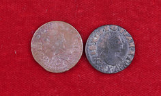 1639 y 1640. Francia. Luis XIII. K (Bordeaux). Doble tornés. Lote de 2 monedas. BC+/MBC-.