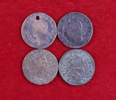 Francia. Luis XIII. Doble tornés. Lote de 4 monedas distintas, una con agujerito. A examinar. BC-/BC+.
