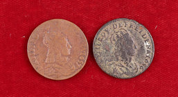 1656 y 1657. Francia. Luis XIV. E (Tours). 1 liard. (Kr. 192.6). CU. Lote de 2 monedas. BC/MBC-.