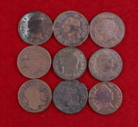 Francia. Luis XV. 1 liard. CU. Lote de 9 monedas distintas. BC/BC+.