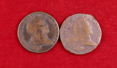 1723. Francia. Luis XV. (Q) Perpignan. 1 sol. (Kr. 439.6). Lote de 2 monedas. BC/BC+.