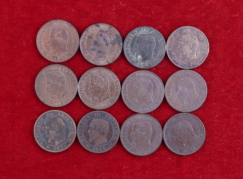 Francia. Napoleón III. Segundo Imperio. 1 céntimo. Lote de 12 monedas distintas....