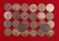Francia. Napoleón III. Segundo Imperio. 2 céntimos. Bronce. Lote de 26 monedas distintas. BC/MBC+.