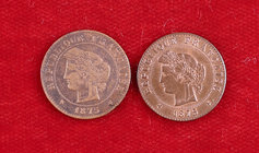 1875. Francia. III República. 1 céntimo. (Kr. 826.1 y 826.2). Bronce. Lote de 2 monedas: (A) París y (K) Bordeaux. MBC+/EBC+.