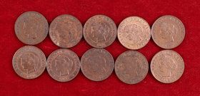 Francia. III República. A (París). 1 céntimo. (Kr. 826.1). Bronce. Lote de 10 monedas distintas. MBC-/MBC+.