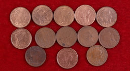 Francia. III República. París. 1 céntimo. (Kr. 840). Bronce. Lote de 13 monedas distintas. MBC-/EBC-.