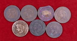 Francia. III República. A (París). 5 céntimos. Bronce. Lote de 7 monedas distintas. A examinar. BC-/MBC-.