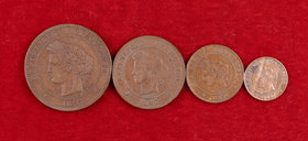1897. Francia. III República. (A) París. 1, 2, 5 y 10 céntimos. Bronce. Lote de 4 monedas. MBC-/MBC+.