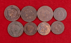 Francia. III República. (K) Bordeaux. 5 (cuatro) y 10 (tres) céntimos. Bronce. Lote de 8 monedas, siete distintas. A examinar. BC/MBC.