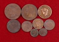 1890 a 1895. Francia. III República. A (París). 1 (dos), 2 (tres), 5 (dos) y 10 (dos) céntimos. Bronce. Lote de 9 monedas. A examinar. BC/MBC.