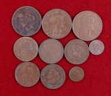 Francia. III República. Lote de 10 monedas de cobre. A examinar. BC/MBC-.