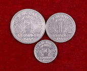 1944. Francia. B (Beaumont-Le Roger). 50 céntimos, 1 y 2 francos. (Kr. 914.2, 902.2 y 904.2). Lote de 3 monedas. A examinar. MBC-/MBC.