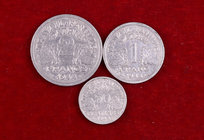 1944. Francia. C (Castelsarrasin). 50 céntimos, 1 y 2 francos. (Kr. 914.3, 902.3, 904.3). Lote de 3 monedas. A examinar. MBC-/MBC.