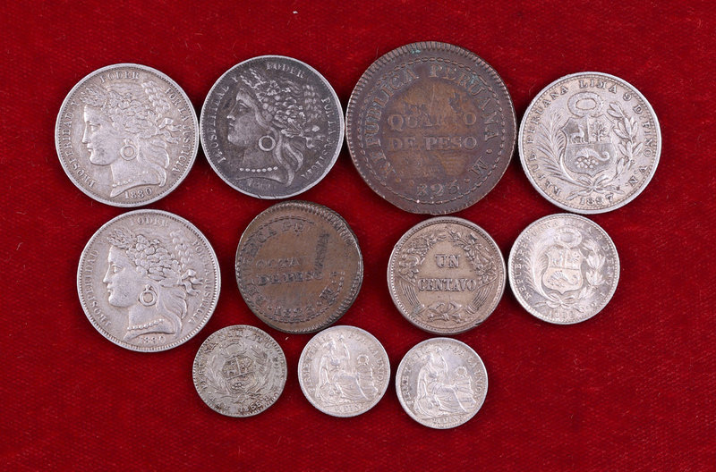 1823 a 1912. Perú. 1/2 real, 1/8 y 1/4 peso, 1/2 (dos) y 1 dinero, 1/5 sol, 1 ce...