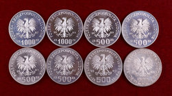 1983 a 1988. Polonia. 200 (dos), 500 (cinco) y 1000 zlotych (dos). Lote de 8 monedas de temática deportiva distintas. A examinar. Proof.