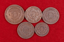 1869. Uruguay. 1, 2 (tres) y 4 céntimos. Lote de 5 monedas. A examinar. MBC/MBC+.
