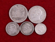 Lote de 5 monedas de Ecuador (1/2, 1 y 2 décimos), Guatemala (25 centavos) y Panamá (5 céntimos). A examinar. MBC/MBC+.