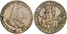 1746. Fernando VI. Sevilla. Medalla de Proclamación. (Ha. 27 var. por metal) (V. 21 var. por metal) (V.Q. 12963 var). 11,31 g. Ø 34 mm. Cobre. MBC-.