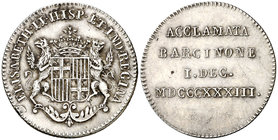 1833. Isabel II. Barcelona. Medalla de Proclamación. Módulo 2 reales. (Ha. 6) (V. 739) (V.Q. 13355) (Cru.Medalles 252). 3,60 g. Rayitas. MBC+.