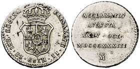 1833. Isabel II. Madrid. Medalla de Proclamación. Módulo 1 real. (Ha. 23) (V. 751) (V.Q. 13373). 1,44 g. Manchitas. MBC+.