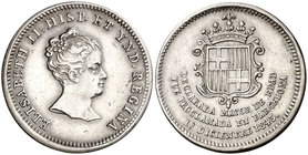 1843. Isabel II. Barcelona. Medalla de Proclamación. Mayoría de edad. Módulo 4 reales. (Ha. 3) 6,93 g. Ex Colección Manuela Etcheverría. MBC+.