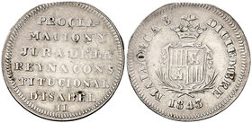1843. Isabel II. Mallorca. Medalla de Proclamación. Mayoría de edad. Módulo 1 real. (Ha. 11) (Cru.Medalles 265). 3,62 g. Rayitas. Ex Colección Manuela...