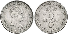 1843. Isabel II. Sevilla. Medalla de Proclamación. Mayoría de edad. Módulo 4 reales. (Ha. 17) (V. 792). 5,96 g. (EBC-).