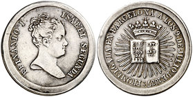 1837. Isabel II. Barcelona. Proclamación de la Constitución. Medalla. (V. 774 var. por metal) (V.Q. 14269) (Cru.Medalles 535). 7,39 g. Ø 23 mm. Plata....