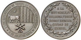 1874. Medalla de distinción. (Pérez Guerra 750). 24,31 g. Ø 35 mm. Bronce. A los defensores de Teruel. Sin anilla. Grabador: G. Sellán. Escasa. EBC-....