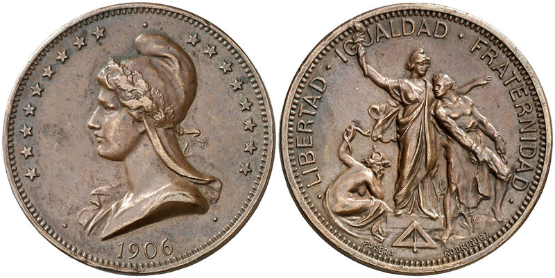1906. Medalla. 9 g. Ø 30 mm. Bronce. Alegoría de la República. Firmada: Parera R...