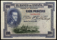 1925. 100 pesetas. (Ed. B107) (Ed. 323). 1 de julio, Felipe II. Sin serie y sin sello en seco. MBC.