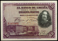 1928. 50 pesetas. (Ed. B113) (Ed. 329). 15 de agosto, Velázquez. Sin serie. Leve doblez. EBC-.